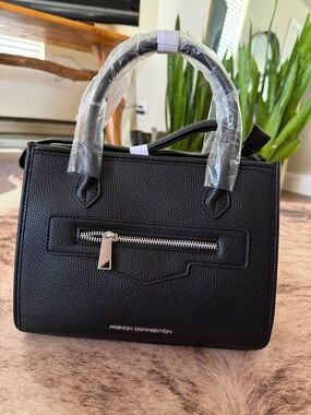 French Connection Black Pebbled Leather Satchel with Front Zip